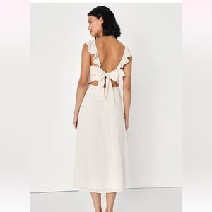 NWT LULUS Sun-Kissed Style White and Beige Gingham Backless Midi Dress